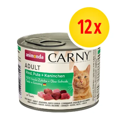 animonda Carny Adult Rind, Pute + Kaninchen, 12 x. 100% frische Zutaten, Ohne Getreide, Made in Germany. Wołowina, indyk i królik. Zdjęcie kota na opakowaniu.