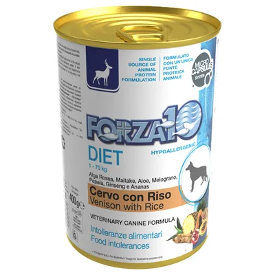Forza10 Diet Hypoallergenic Cervo con Riso Venison with Rice, 400 g konzerv kutyáknak. Intolleranze alimentari, Food intolerances. Alga Rossa, Maitake, Aloe, Gránátalma, Papaya, Ginzeng, Ananász.