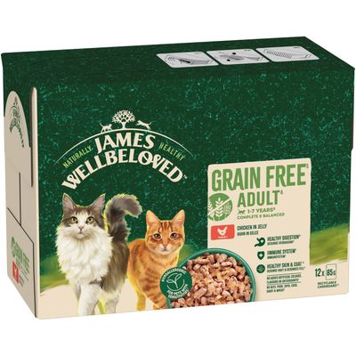 James Wellbeloved Grain Free Adult 1-7 Years, Chicken in Jelly, hypoallergenic, healthy digestion, immune system, healthy coat, 12 x 85g, no artificial additives.
