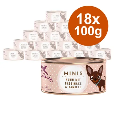 Lot de 18 boîtes Canis Minis Huhn mit Pastinake & Kamille, 100 g chacune. Texte en allemand sur l’étiquette, illustration de petit chien visible.