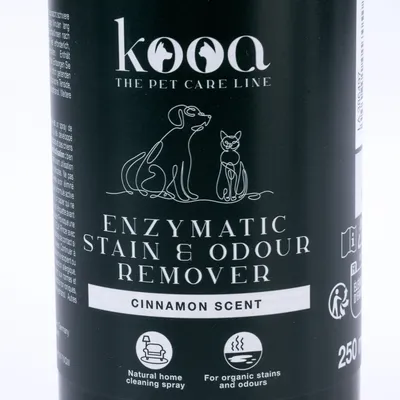 kooa The Pet Care Line. Enzymatische vlek- en geurbestrijder met kaneelgeur, 250 ml. Natuurlijke reinigingsspray voor organische vlekken en geuren.