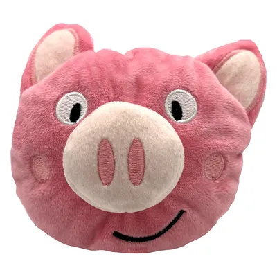 Rosa Plüschspielzeug in Form eines Schweinekopfes mit gestickten Augen, Nase und Mund.