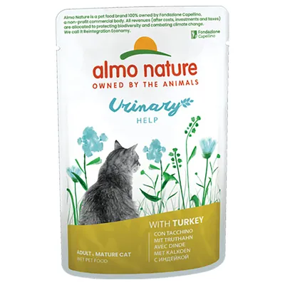 Almo Nature Urinary Help mokra karma dla dorosłych kotów, z indykiem. Wspiera drogi moczowe. Opakowanie przedstawia kota i motyw kwiatowy.