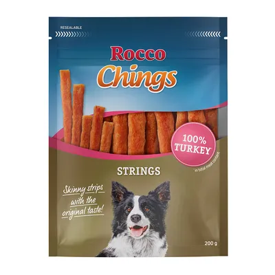 Rocco Chings Strings, 100 % morčacie, tenké pásiky s pôvodnou chuťou, 200 g balenie s obrázkom psa.