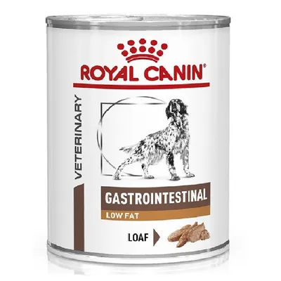 Консерва Royal Canin Veterinary Gastrointestinal Low Fat Loaf за кучета, изображение на куче и парчета храна, видима маркировка 'LOW FAT' и 'LOAF'.