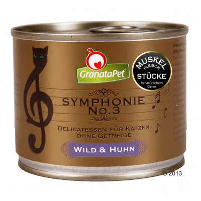 Lata de comida para gatos GranataPet Symphonie No.3, texto visible: Delicatessen für Katzen ohne Getreide, Wild & Huhn, MUSKEL FLEISCH STÜCKE in natürlichem Gelee.