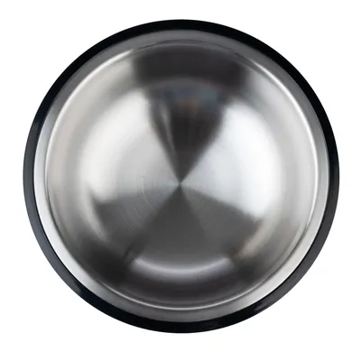 Gamelle ronde en métal argenté avec rebord noir, vue du dessus. Aucun logo ni texte visible.