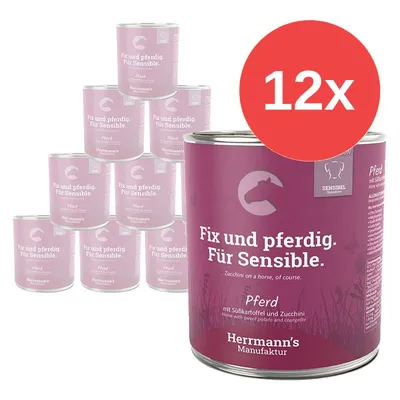 12x konzerv Herrmann's Manufaktur Fix und pferdig. Für Sensible. Pferd mit Süßkartoffel und Zucchini, text v němčině a angličtině na obalu. 12x konzerv Herrmann's Manufaktur Fix und pferdig. Für Sensible. Pferd mit Süßkartoffel und Zucchini, text v němčině a angličtině na obalu.