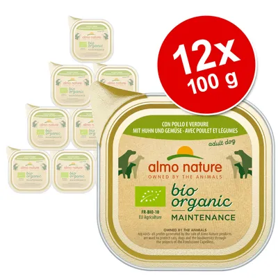 almo nature bio organic maintenance, 12 x 100 g, z kurczakiem i warzywami. Certyfikat FR-BIO-10 EU Agriculture widoczny na opakowaniu.