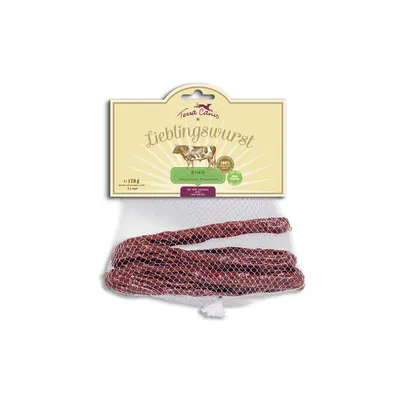 Terra Canis Lieblingswurst vită, 170g. 100% ingrediente naturale, fără aditivi artificiali. Ambalaj cu plasă și imaginea unei vaci.