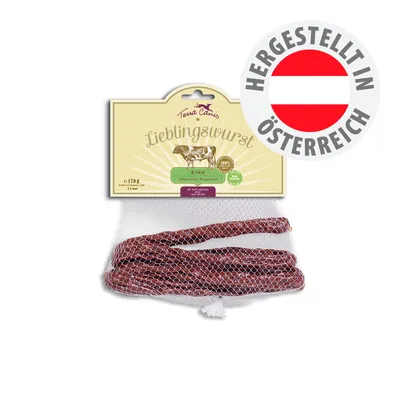 Terra Canis Lieblingswurst Rind, 170g, 100% natürliche Zutaten, hergestellt in Österreich. Abgebildet ist die Verpackung mit Wurststicks im Netzbeutel.