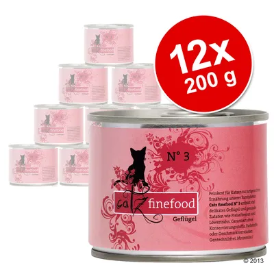 catz finefood N° 3 Geflügel, 12 x 200 g dåser kattemad. Pink etiket med sort kat og dekorativt mønster. Synlig tekst: catz finefood, Geflügel, N° 3.