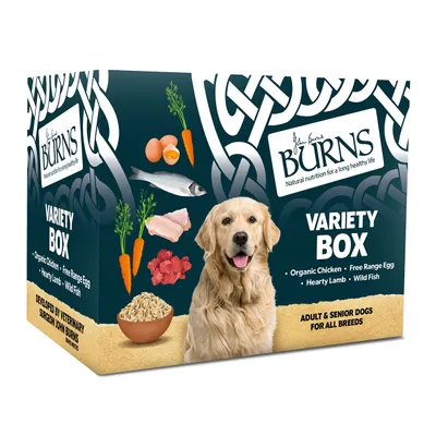 Burns Variety Box pour chiens adultes et seniors, mentionne poulet bio, œuf plein air, agneau, poisson. Texte en anglais : 'Natural nutrition for a long healthy life'.