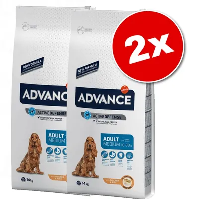 Lot de 2 sacs Advance Active Defense Adult Medium 10–30 kg, 14 kg chacun, poulet et riz. Texte visible : New Formula, Scientifically Proven, 1–7 years. Lot de 2 sacs Advance Active Defense Adult Medium 10–30 kg, 14 kg chacun, poulet et riz. Texte visible : New Formula, Scientifically Proven, 1–7 years.