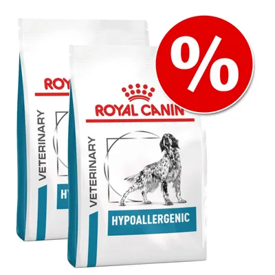 2 σακιά Royal Canin Veterinary Hypoallergenic με σκύλο στην ετικέτα και κόκκινο σύμβολο ποσοστού έκπτωσης (%) επάνω δεξιά