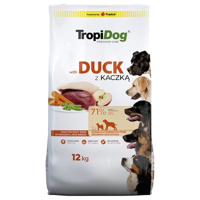 TropiDog Adult karma dla psów średnich i dużych ras, z kaczką i ryżem, 12 kg. Właściwości: pielęgnacja zębów, kompleks dla skóry, siła i witalność.