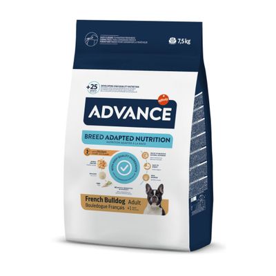 Advance Adult krmivo pro psy pro francouzského buldočka, balení s obrázkem černo-bílého francouzského buldočka.