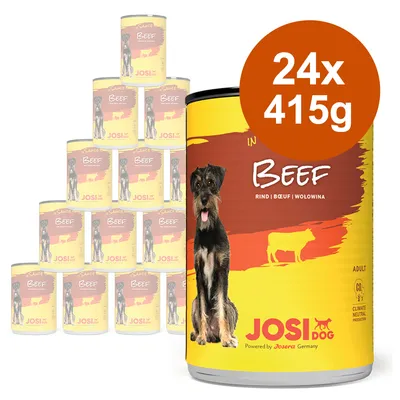 JosiDog mokra hrana s govedinom, 24 limenke po 415g. Za odrasle pse. Klimatski neutralna proizvodnja. Powered by Josera Germany.