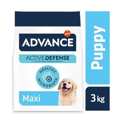 Advance Active Defense Maxi Puppy 3 kg, Healthy Microbiota, image d’un chiot sur l’emballage. Texte en anglais : with scientifically proven nucleotides.