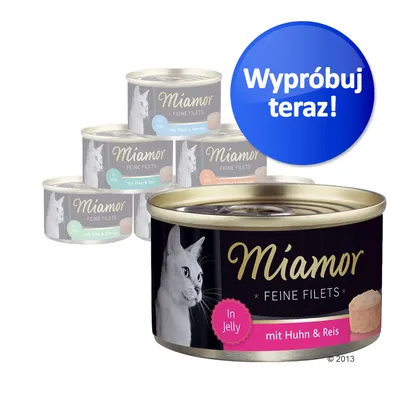Miamor Feine Filets In Jelly mit Huhn & Reis, widoczne różne warianty smakowe. Niebieski okrągły przycisk z tekstem: Wypróbuj teraz!