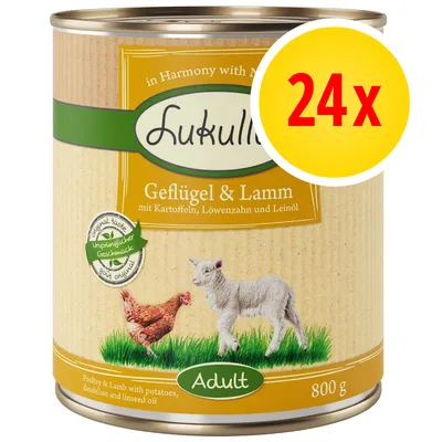 Lukullus Geflügel & Lamm Adult, 800 g blik, met aardappel, paardenbloem en lijnzaadolie. Verpakking met 24 stuks zichtbaar op het etiket.