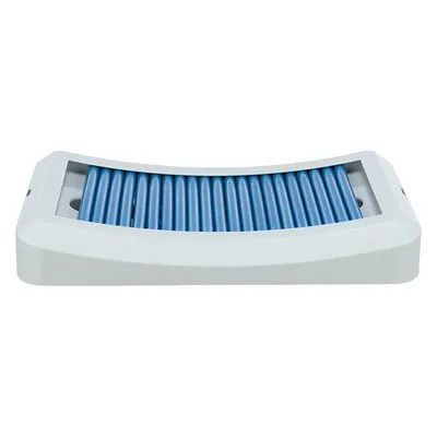 White plastic base with blue grooved rollers, suitable for interactive use or as a toy.