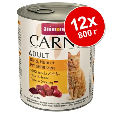 Консерва Animonda Carny Adult за котки, 12×800 г. Видими текстове: Rind, Huhn + Entenherzen, 100% frische Zutaten, Ohne Getreide, Made in Germany.