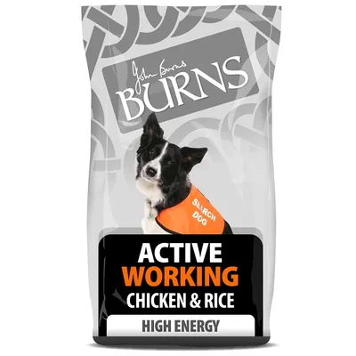 Active Working Chicken & Rice High Energy, with a search dog wearing an orange vest shown on the packaging. Active Working Chicken & Rice High Energy, with a search dog wearing an orange vest shown on the packaging.