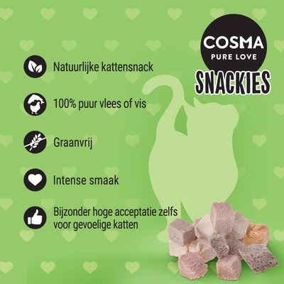 COSMA PURE LOVE SNACKIES. Natuurlijke kattensnack, 100% puur vlees of vis, graanvrij, intense smaak, bijzonder hoge acceptatie zelfs voor gevoelige katten.