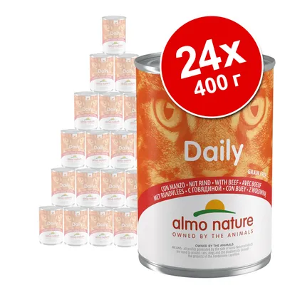 24 консерви по 400 г Almo Nature Daily с телешко, без зърнени храни. Видими надписи: Daily, almo nature, con manzo, mit rind, with beef, stovyadinoe.