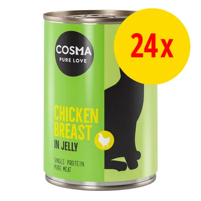 COSMA PURE LOVE Chicken Breast in Jelly, Single Protein Pure Meat -pakkaus, 24x. Vihreä tölkki, keltainen ympyrä jossa punainen teksti 24x.