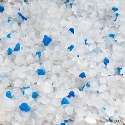 Vue rapprochée de granulés blancs et bleus, aspect cristallin, sans marque ni texte visible.