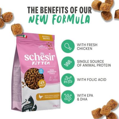 Schesir Kitten torrfoder med färsk kyckling, enskild animalisk proteinkälla, folsyra, EPA och DHA. 36 % protein. Fördelar med den nya receptet.