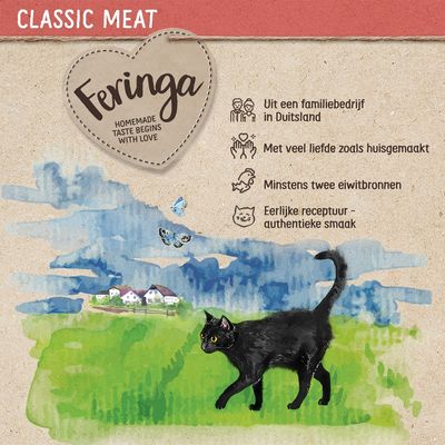 Feringa Classic Meat. Uit een familiebedrijf in Duitsland, met veel liefde zoals huisgemaakt, minstens twee eiwitbronnen, eerlijke receptuur – authentieke smaak.