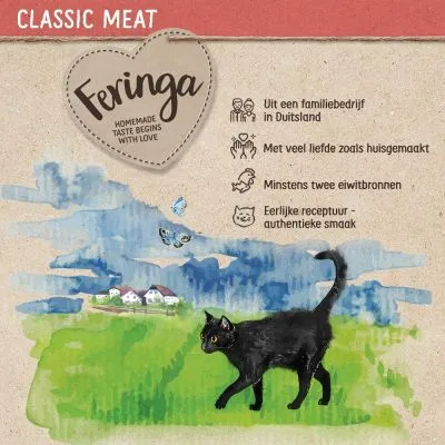 Feringa Classic Meat. Homemade taste begins with love. Uit een familiebedrijf in Duitsland, met veel liefde zoals huisgemaakt, minstens twee eiwitbronnen, eerlijke receptuur – authentieke smaak.