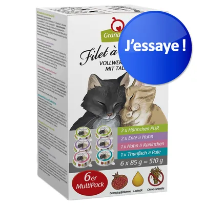 GranataPet Filet à la carte, 6er MultiPack pour chats : 2 x Huhnchen PUR, 2 x Ente & Huhn, 1 x Huhn & Kaninchen, 1 x Thunfisch & Pute, 6 x 85 g = 510 g. J’essaie !