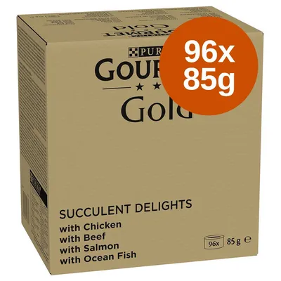 Purina Gourmet Gold Succulent Delights, 96×85 g. Ízek: csirke, marha, lazac, tengeri hal. Felirat: 96x85g narancssárga körben a dobozon.