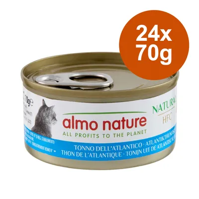Almo Nature HFC Natural, ton albastru atlantic, 24x70g. Conservă cu motiv de pisică și detalii ale produsului vizibile.