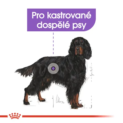 Text: Pro kastrované dospělé psy. Ilustrace černého psa s fialovým bodem na boku, dole červená korunka.