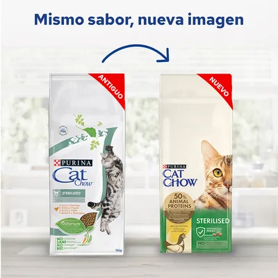 Comparación de envases antiguo y nuevo de Purina Cat Chow Sterilised. Texto: 'Mismo sabor, nueva imagen'. Nuevo envase destaca 50% animal proteins y prebiotic natural.