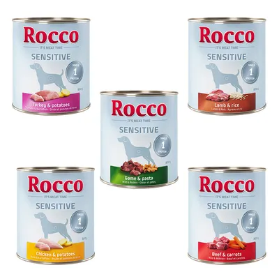 Rocco Sensitive Nassfutter für Hunde, Sorten: Truthahn & Kartoffeln, Lamm & Reis, Wild & Nudeln, Huhn & Kartoffeln, Rind & Möhren. Single Protein, 800g Dosen.