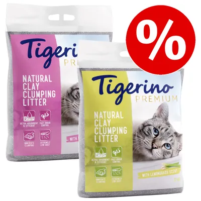 Два пакета Tigerino Premium Natural Clay Clumping Litter, один с запахом лимонника, 12 кг. Видны пиктограммы: высокая впитываемость, контроль запаха, моментальное комкование, низкая запылённость. Знак процента.