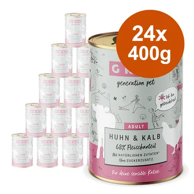 Grau Adult Huhn & Kalb, 68% Fleischanteil, mit natürlichen Zutaten, ohne Zuckerzusatz. Packung: 24 Dosen à 400g. Für sensible Katzen.