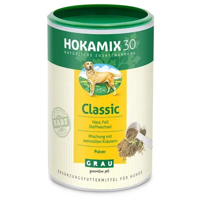HOKAMIX 30 Classic, naravni dodatek za pse. Koža, dlaka, presnova. Mešanica dragocenih zelišč, prah. Primerno za BARF. Grau generation pet.