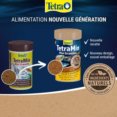 Tetra TetraMin Mini Granules avec nouveau design et nouvelle recette, ingrédients naturels, sans ajout de conservateurs ni de colorants. Nouveau nom, nouveau design d'emballage.