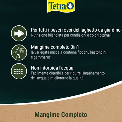 Tetra. Per tutti i pesci rossi del laghetto da giardino. Mangime completo 3in1: fiocchi, bastoncini e gammarus. Non intorbida l'acqua. Mangime Completo.