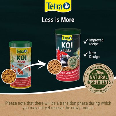 Tetra KOI Sticks old and new packaging, arrow showing change. Text: Less is More, Improved recipe, New Design, No added preservatives, with natural ingredients, no colourants.