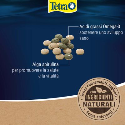 Tetra, acidi grassi Omega-3 per una crescita sana, alga spirulina per favorire salute e vitalità, con componenti naturali, senza additivi o coloranti.