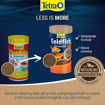 Tetra Goldfish Granules met nieuw design, verbeterde formule en natuurlijke ingrediënten, zonder toegevoegde conserveermiddelen of kleurstoffen. Let op de overgangsperiode bij het wisselen van product.