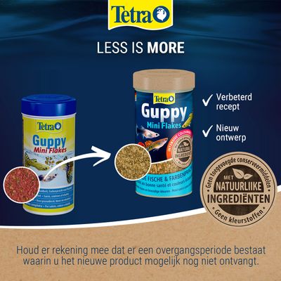 Tetra Guppy Mini Flakes met nieuw design en verbeterd recept, bevat natuurlijke ingrediënten, geen toegevoegde conserveermiddelen of kleurstoffen.